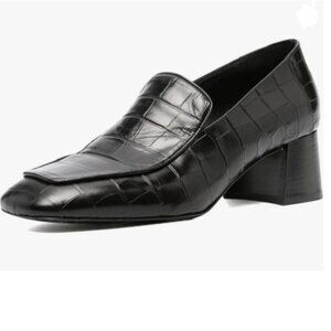 Pazzion Black Retro Crocodile Chunky Heel Loafers Square Toe Slip On Daily Pump